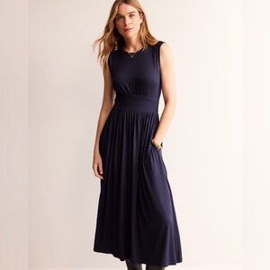 Boden Thea Navy Sleeveless Midi Dress Fit Flare EcoVero Stretch 10R